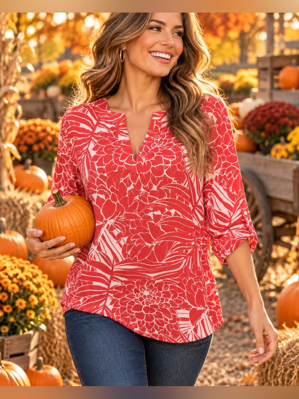 Versona Coral Red & Ivory Floral Tunic Blouse — Size Large